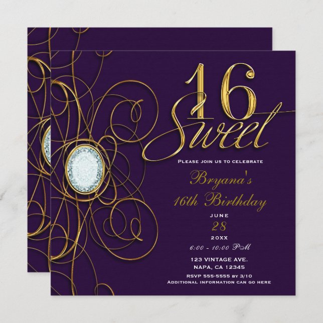 Invitation Plum Royal Purple & Gold Diamond Sweet 16 Annivers (Devant / Derrière)