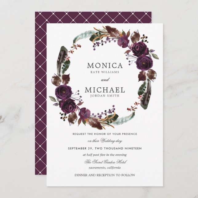 Invitation Plum rustique | Boho d'automne mariage floral de c (Devant / Derrière)