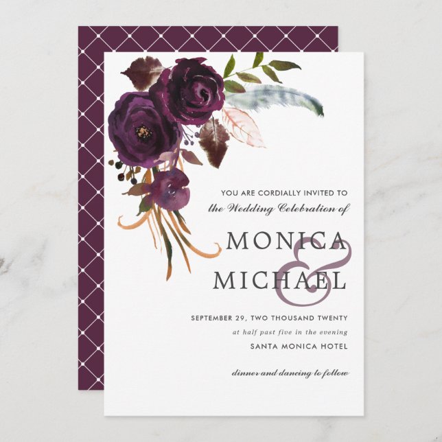 Invitation Plum rustique | Purple Floral corner Mariage chic (Devant / Derrière)