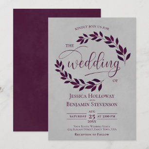 Invitation Plum rustique violet Feuilles Élégant gris Mariage