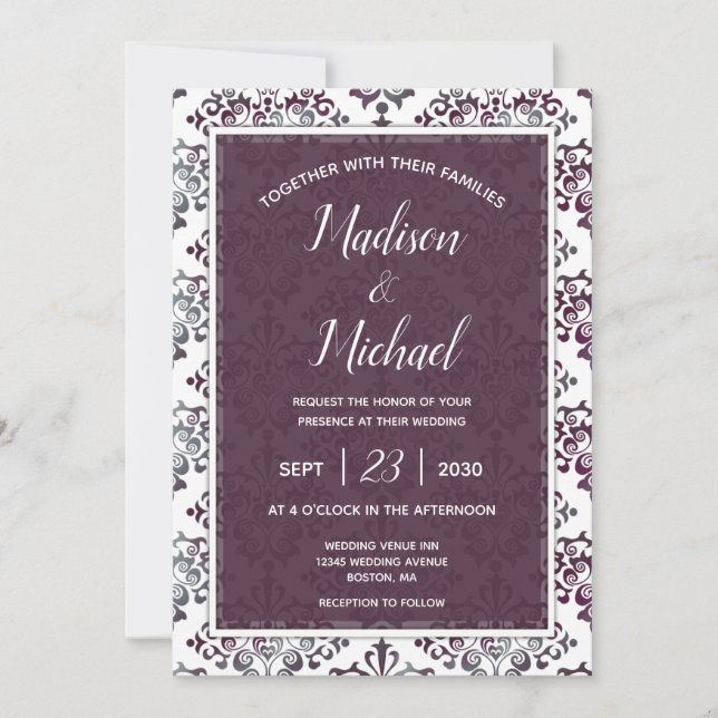 Invitation Plum Silver Sage Mariage damassé (Devant)