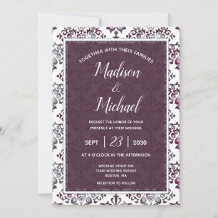 Invitation Plum Silver Sage Mariage damassé