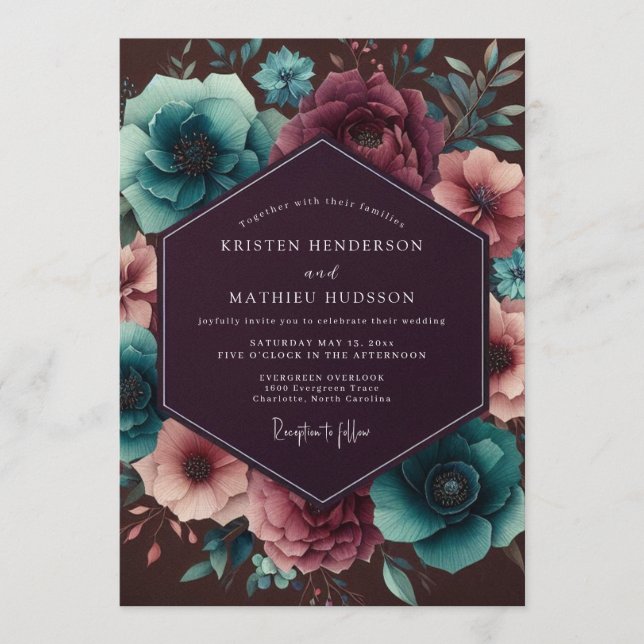 Invitation Plum & Teal Nocturnal Bloom Wedding (Devant)