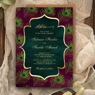 Invitation Plum Vert Plumes de Paon Mariage Musulman