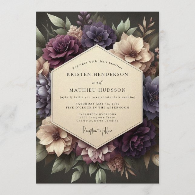 Invitation Plum Victorian Bloom Wedding (Devant)