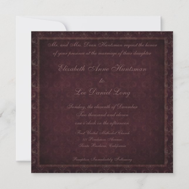 Invitation Plum Vintage Mariage damassé (Devant)