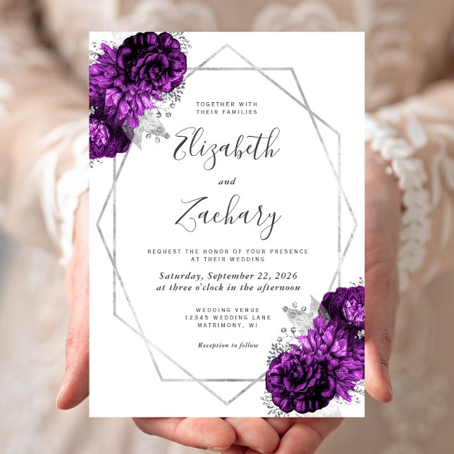 Invitation Plum violet Argent Floral Blanc Mariage (Créateur téléchargé)