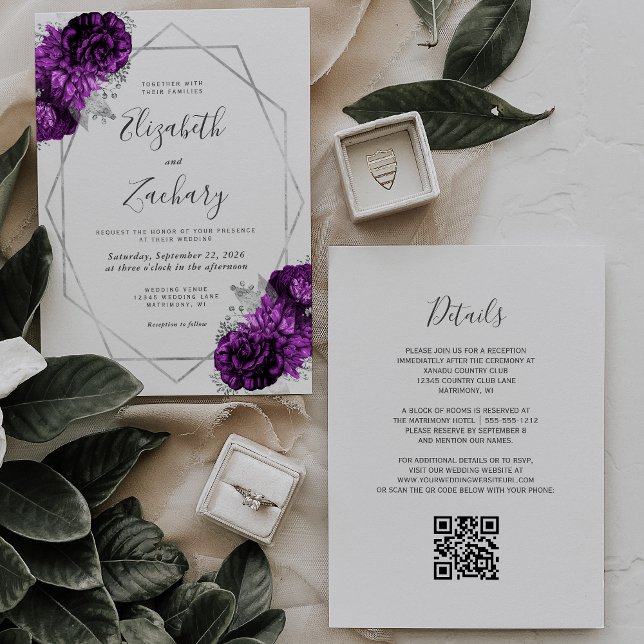 Invitation Plum violet Argent Floral Blanc QR Code Mariage (Créateur téléchargé)