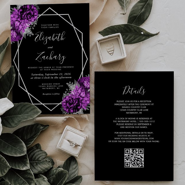 Invitation Plum violet Argent Floral Noir QR Code Mariage (Créateur téléchargé)