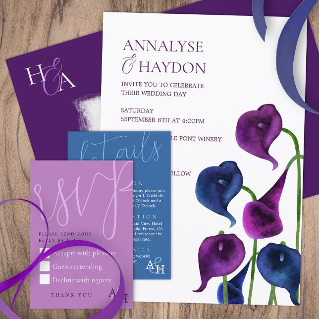 Invitation Plum violet & bleu Calla Lilies Mariage (plum purple royal blue calla lilies wedding invitations, rich moody dark purple dark blue lily)