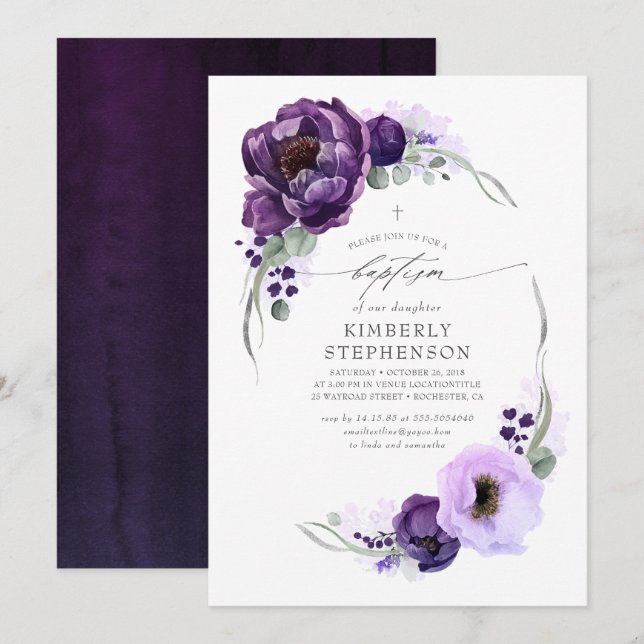 Invitation Plum violet et couleur Lilac Élégant Baptême (Devant / Derrière)