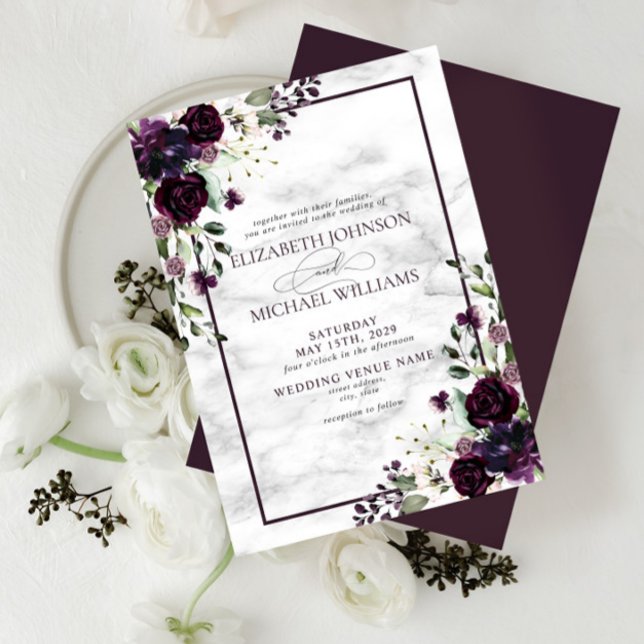 Invitation Plum violet Fleur Aquarelle Marbre Mariage de auto (Créateur téléchargé)