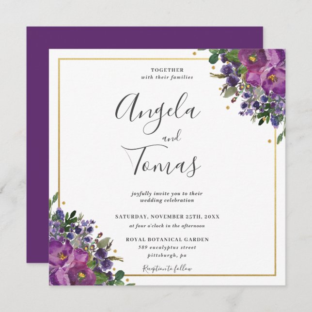 Invitation Plum violet Floral Carré Mariage or  (Devant / Derrière)