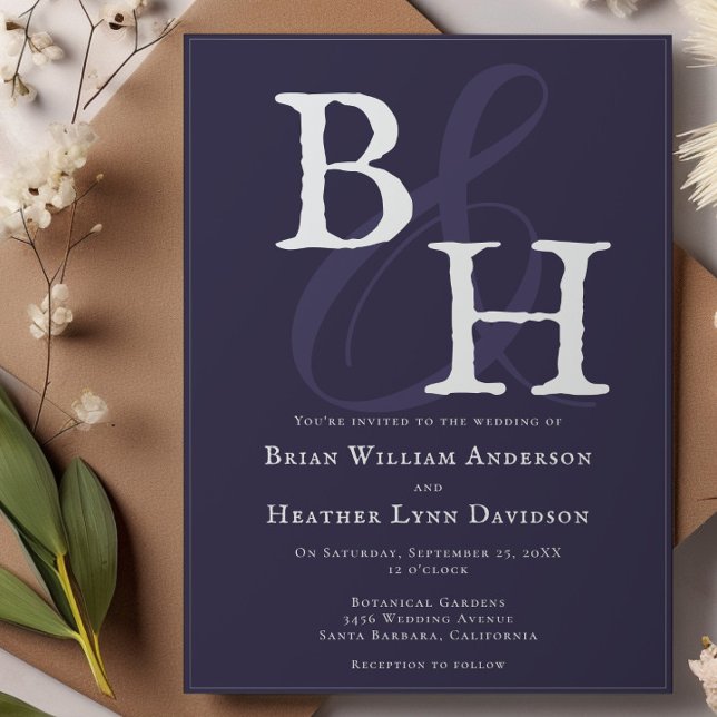 Invitation Plum violet minimaliste Mariage Monogramme (Plum Purple Minimalist Monogram Wedding Invitation)