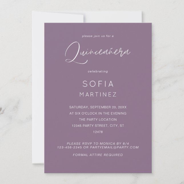 Invitation Plum violet MOD Calligraphie Quinceanera (Devant)