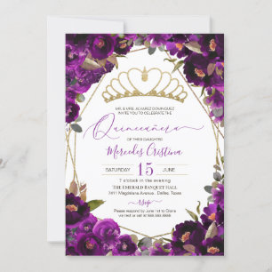 Invitation Plum violet or Aquarelle Florale Quinceañera
