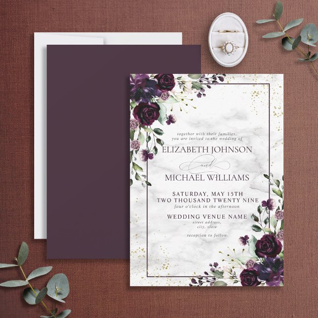 Invitation Plum violet or Aquarelle Mariage de automne en mar (Créateur téléchargé)