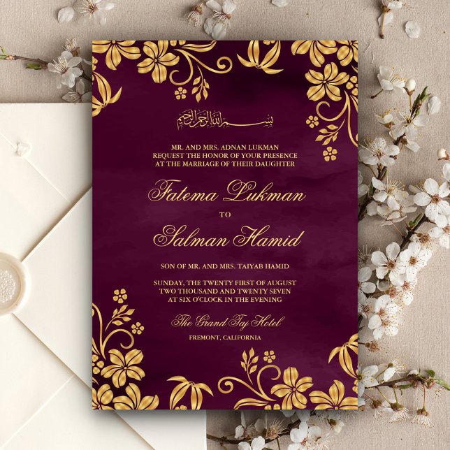 Invitation Plum violet or Floral musulman islamique Mariage (Créateur téléchargé)