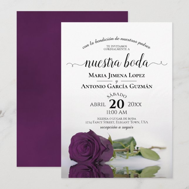 Invitation Plum violet Rose espagnol Nuestra Boda Mariage (Devant / Derrière)