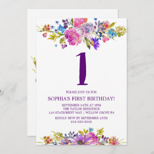 Invitation Plum violet rose et bleu Fleurs premier anniversai