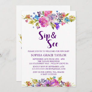Invitation Plum violet rose et bleu Fleurs Sip et voir