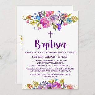 Invitation Plum violet rose et fleurs bleues Baptême