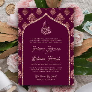 Invitation Plum violet Rose or Damask Arch Mariage musulman