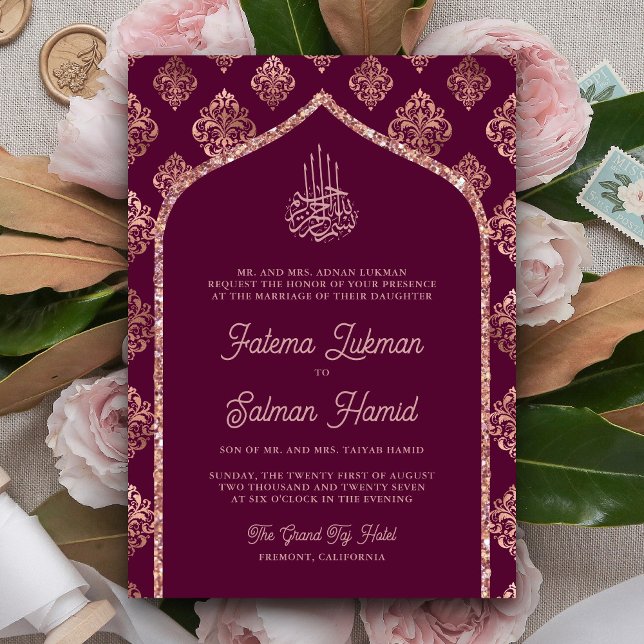 Invitation Plum violet Rose or Damask Arch Mariage musulman (Créateur téléchargé)