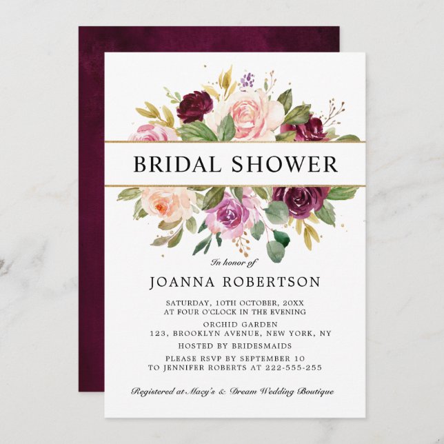 Invitation Plum violet rose pâle Fête des mariées botanique (Devant / Derrière)