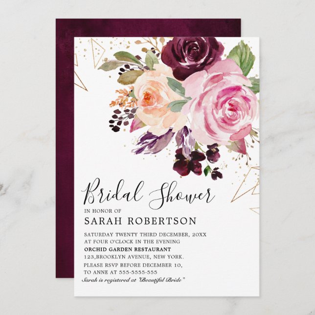 Invitation Plum violet rose pâle Fête des mariées botanique (Devant / Derrière)