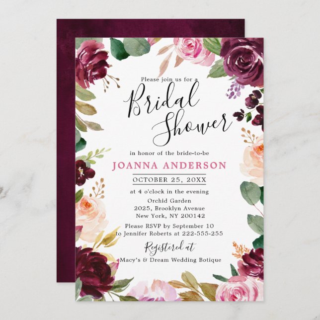 Invitation Plum violet rose pâle Fête des mariées botanique (Devant / Derrière)