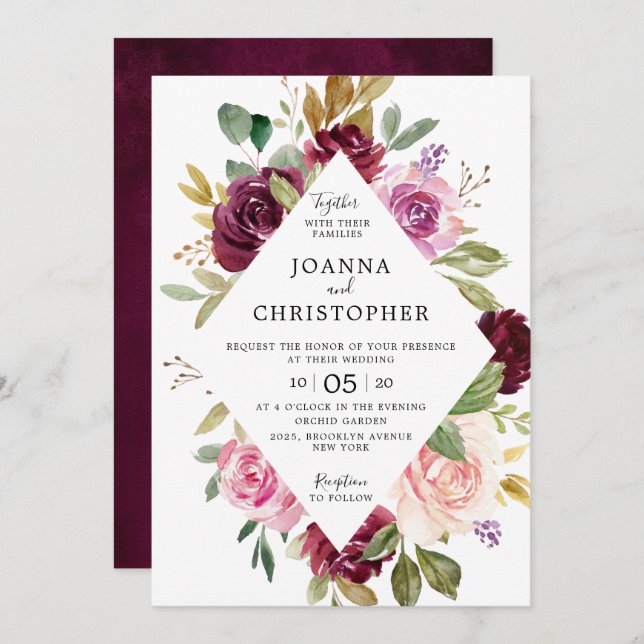 Invitation Plum violet rose pâle Mariage géométrique floral (Devant / Derrière)