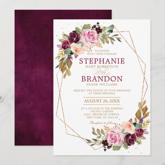 Invitation Plum violet rose pâle Mariage géométrique floral (Devant / Derrière)