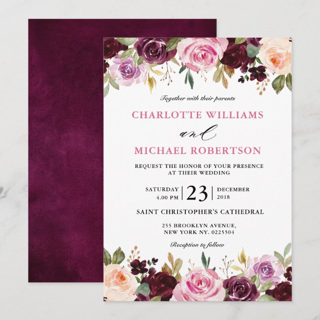 Invitation Plum violet rose pâle Mariage végétal (Devant / Derrière)