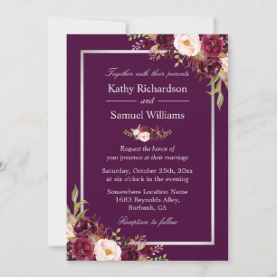 Invitation Plum violet Russe Floral Argent Gris Mariage de au
