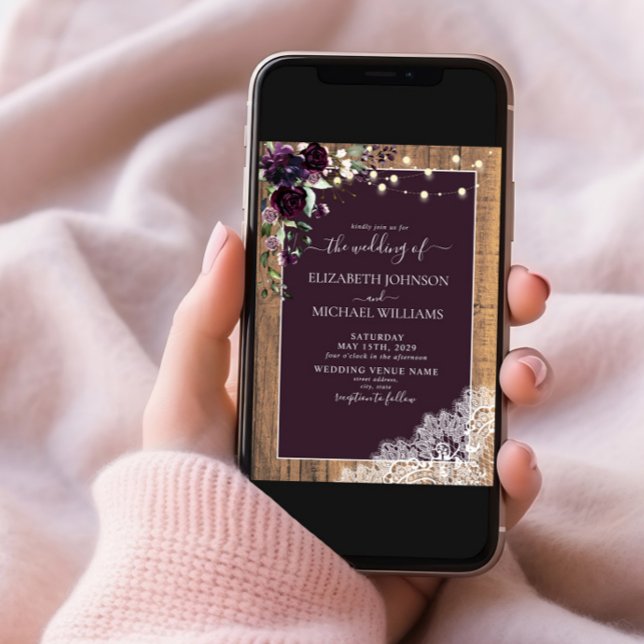 Invitation Plum violet Rustique Mariage de dentelle en bois (Créateur téléchargé)