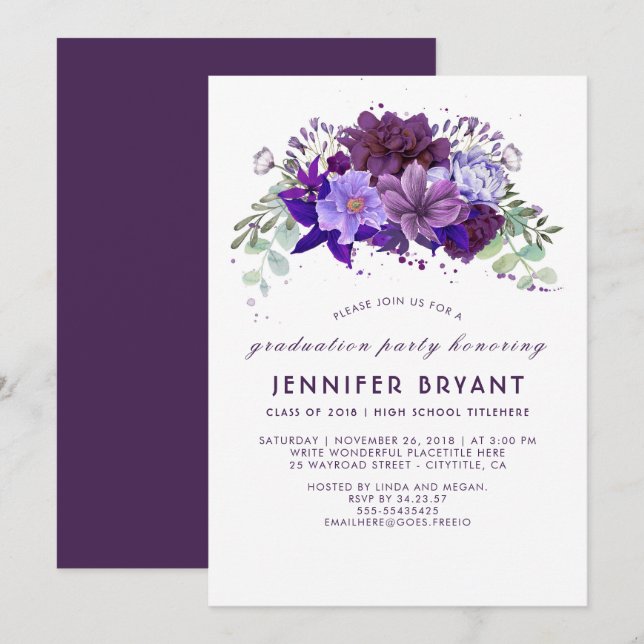 Invitation Plum Violet Violet Floral Élégant Parti de graduat (Devant / Derrière)