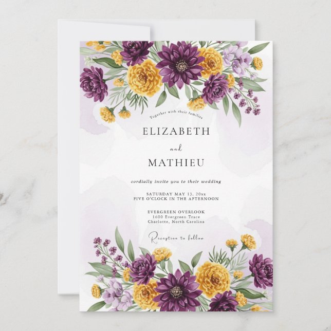 Invitation Plum Yellow Dazzling Floral Wedding (Devant)