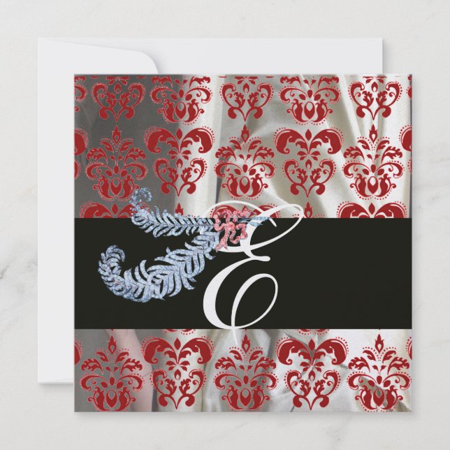 INVITATION PLUME DE DIAMANT ROUGE BLANC GLACE SOIE DAMAS MONO (Devant)