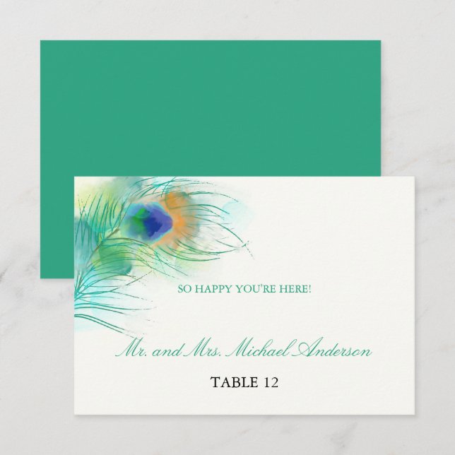 Invitation Plume de paon à l'aquarelle bleue-vert | Sièges (Devant / Derrière)