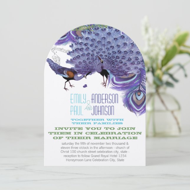 Invitation Plume de paon bleu cuivre vert pourpre (Debout devant)