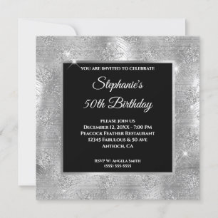 Invitation Plume de Paon Pailleté Argent Anniversaire Glamour