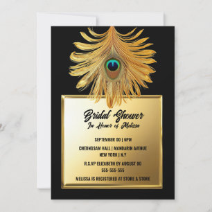 Invitation Plume de plumes de paon noir douche nuptiale or no