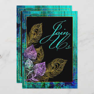 Invitation Plume rustique en bois et de paon de turquoise
