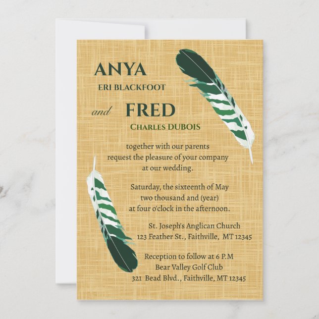 Invitation Plume verte modifiable sur mariage en lin (Devant)