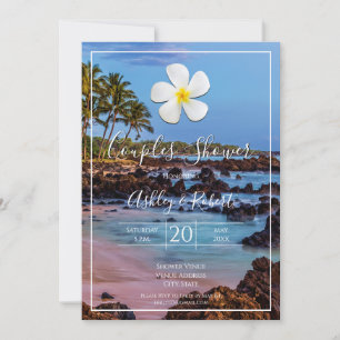 Invitation Plumeria blanche avec plage tropicale, Couples