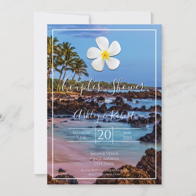 Invitation Plumeria blanche avec plage tropicale, Couples (Devant)