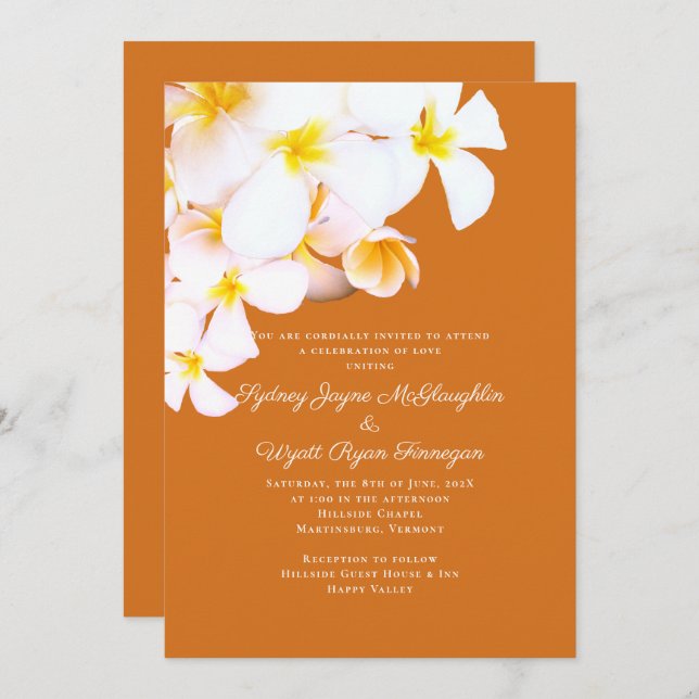 Invitation Plumeria moderne Fleurs hawaïennes Mariage orange (Devant / Derrière)