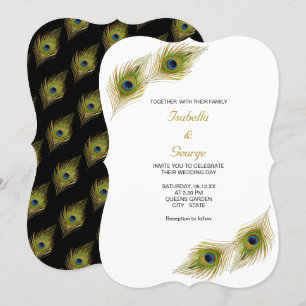 Invitation Plumes chic Peacock sur Mariage noir et blanc