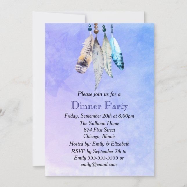 Invitation Plumes d'aquarelle lors du dîner bleu violet (Devant)